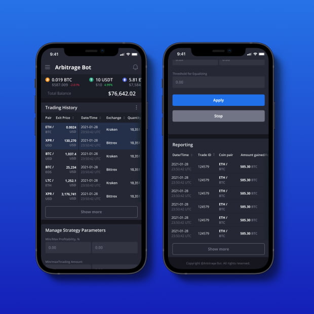 UI of a mobile version of Arbitrage Bot