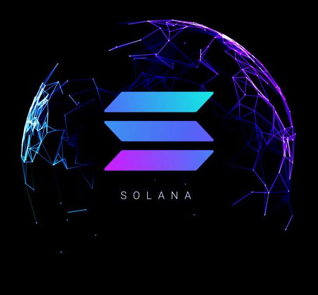 Solana logo on a dark sphere background
