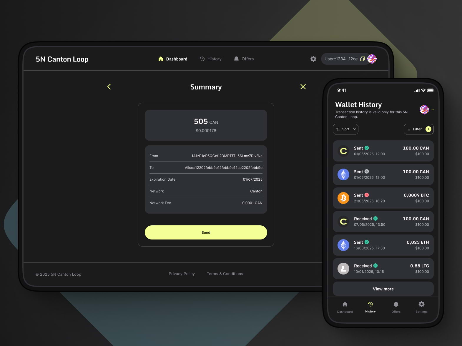 Transactions history view that shows search, filters, and an export action.