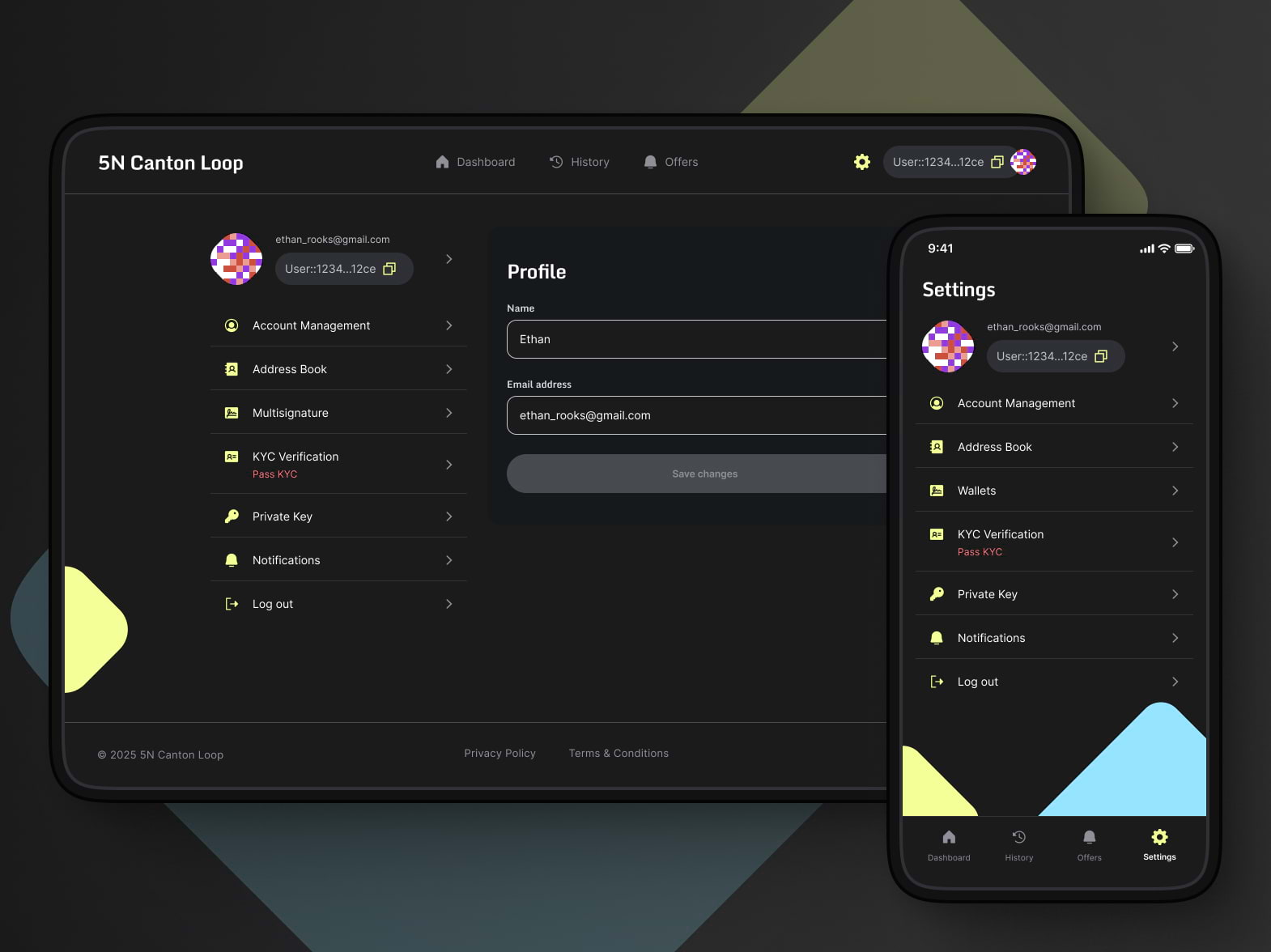 Profile page that shows avatar, display name, wallet list, and notification toggles.
