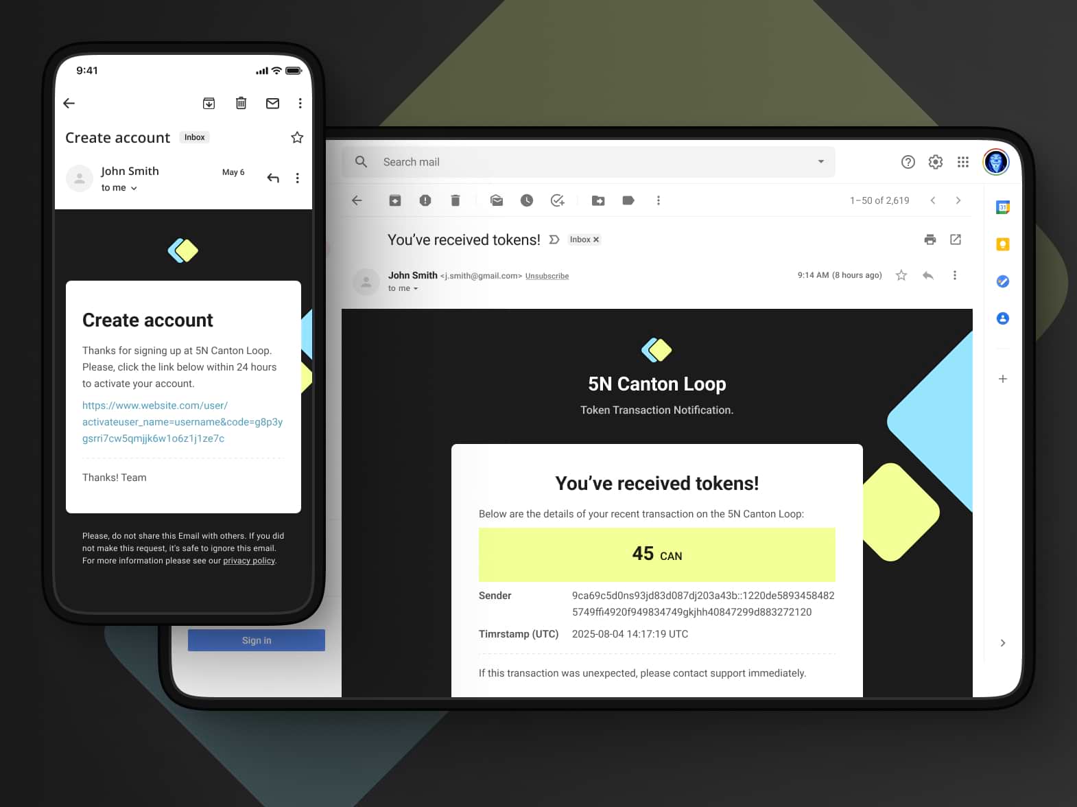 Email inbox that shows a new offer notification and a completed transfer confirmation.