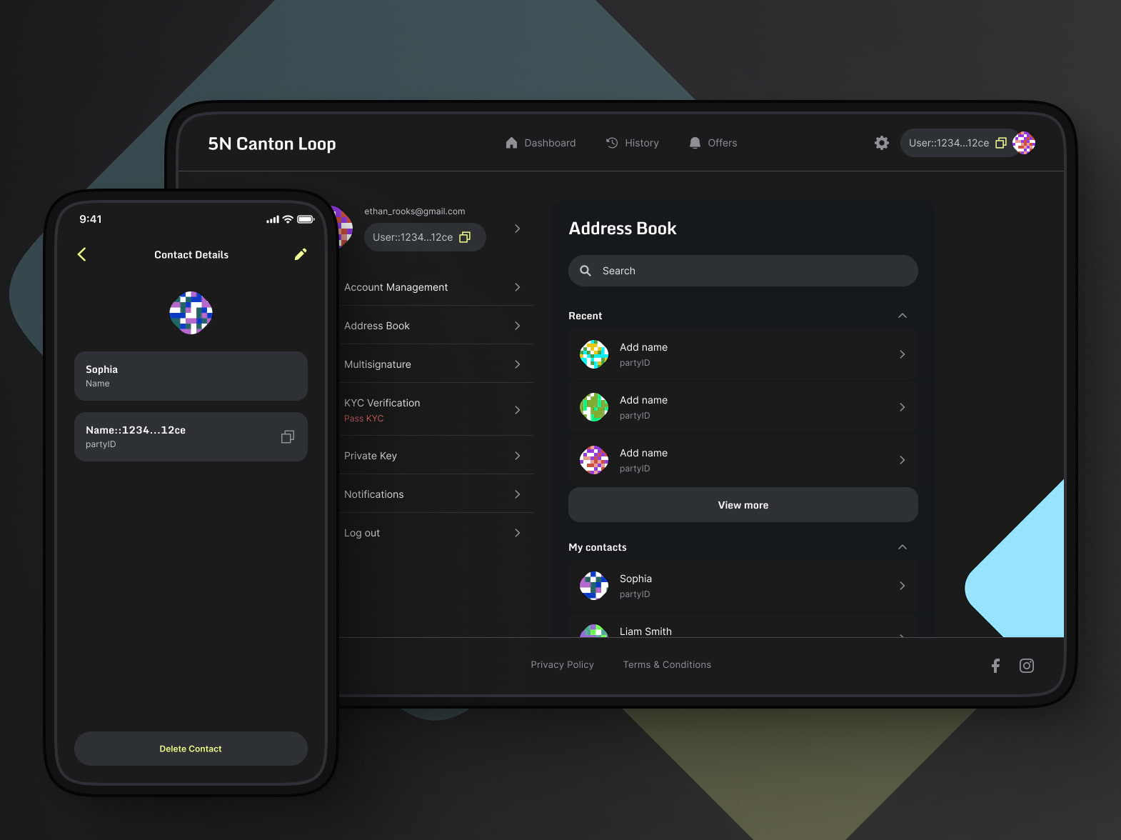 Address book list that shows recent counterparties and verified badges.