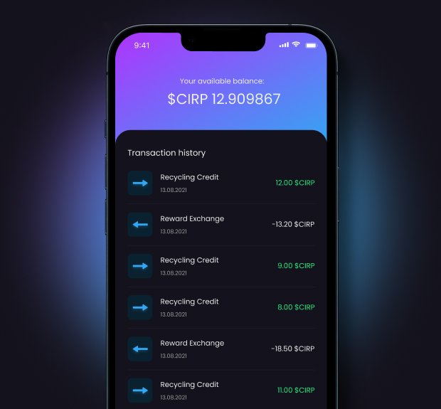 The UI of the transaction history page of Circularr