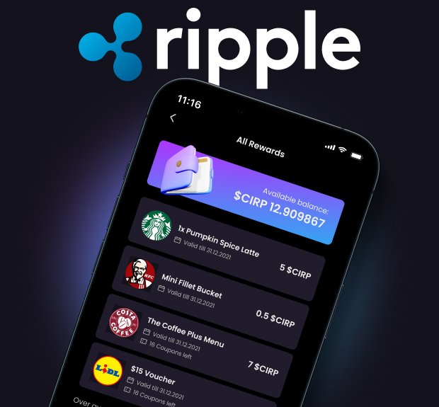 The UI of the rewards page of Circularr next to the logo of Ripple