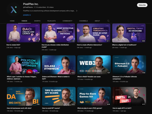 The screenshot of a YouTube channel of PixelPlex