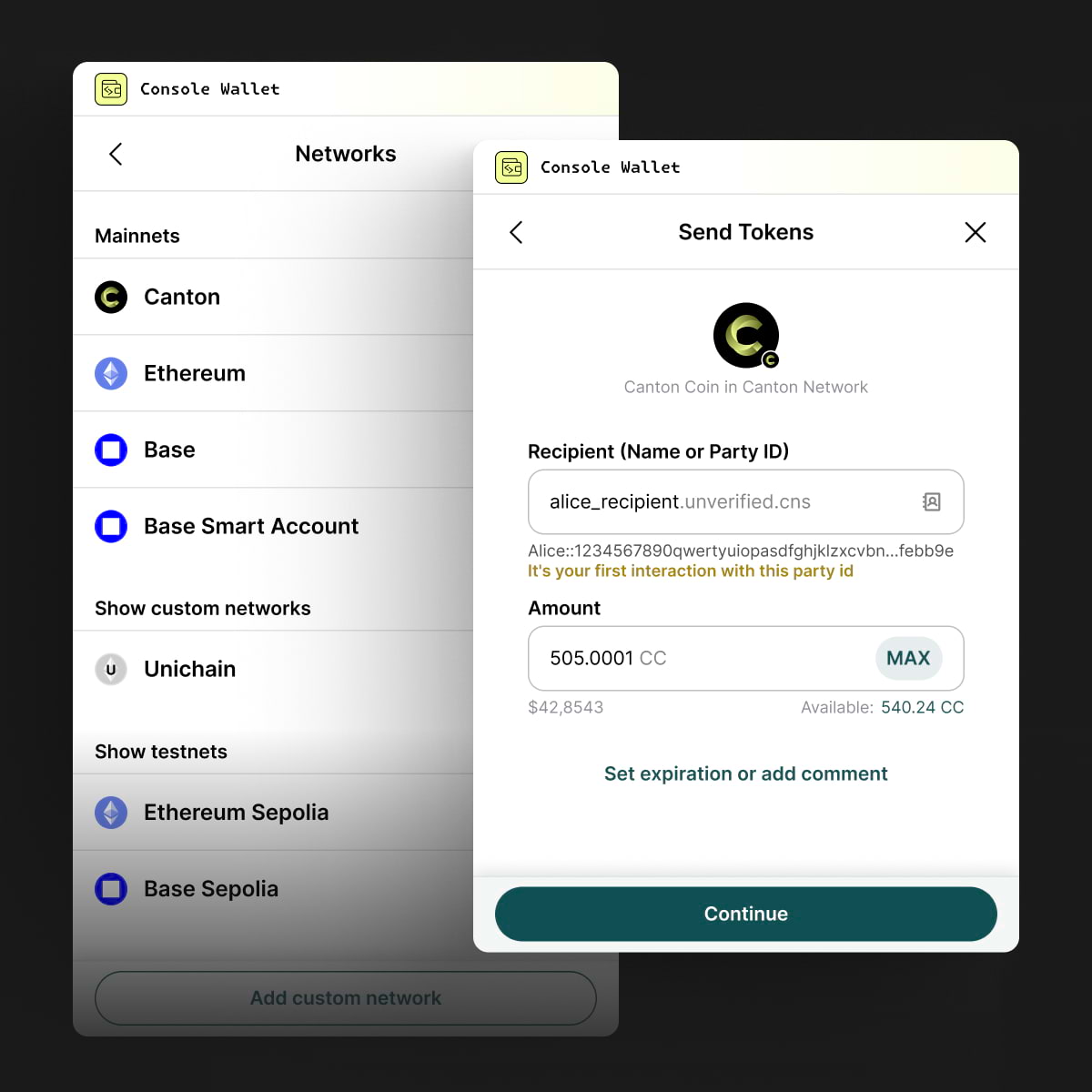 Console Wallet interface