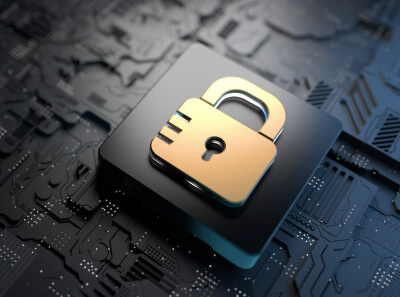 A golden security lock on a micro scheme