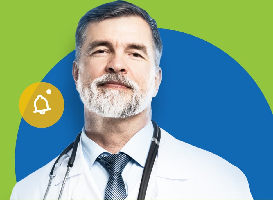 The photo of a doctor on a green and blue background