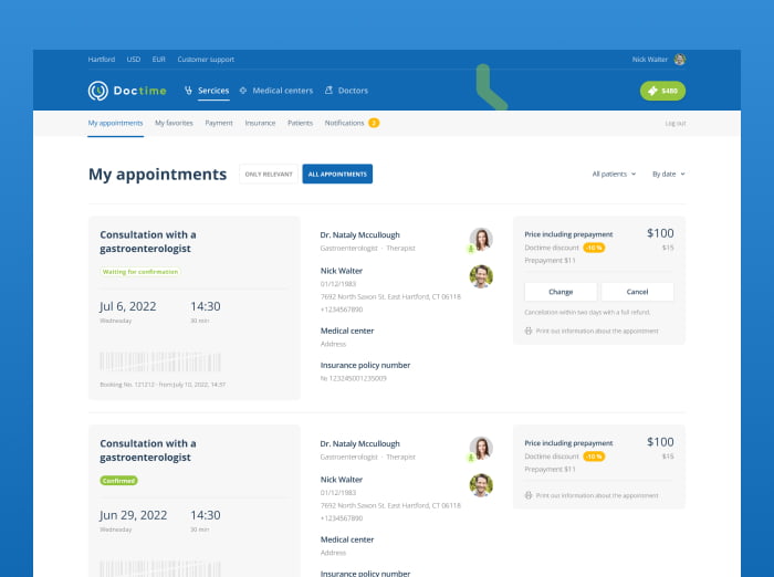 The UI of the medical appointment management page