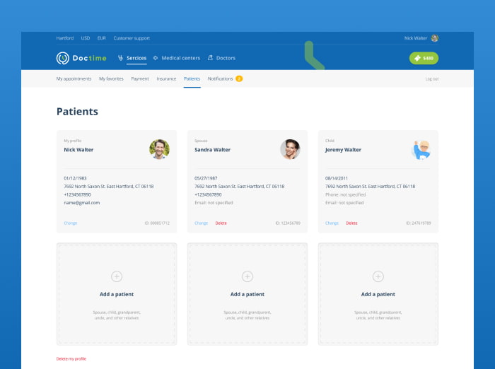 The UI of the user profile management page