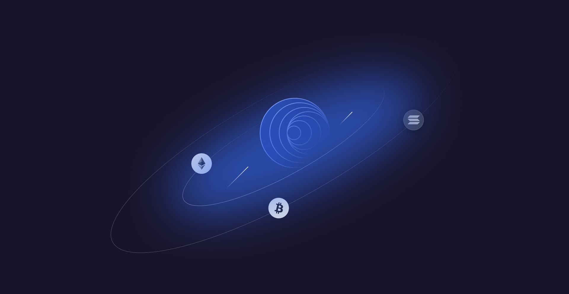Ethereum, Bitcoin, and Solana logos in space in their orbits move around Echo logo