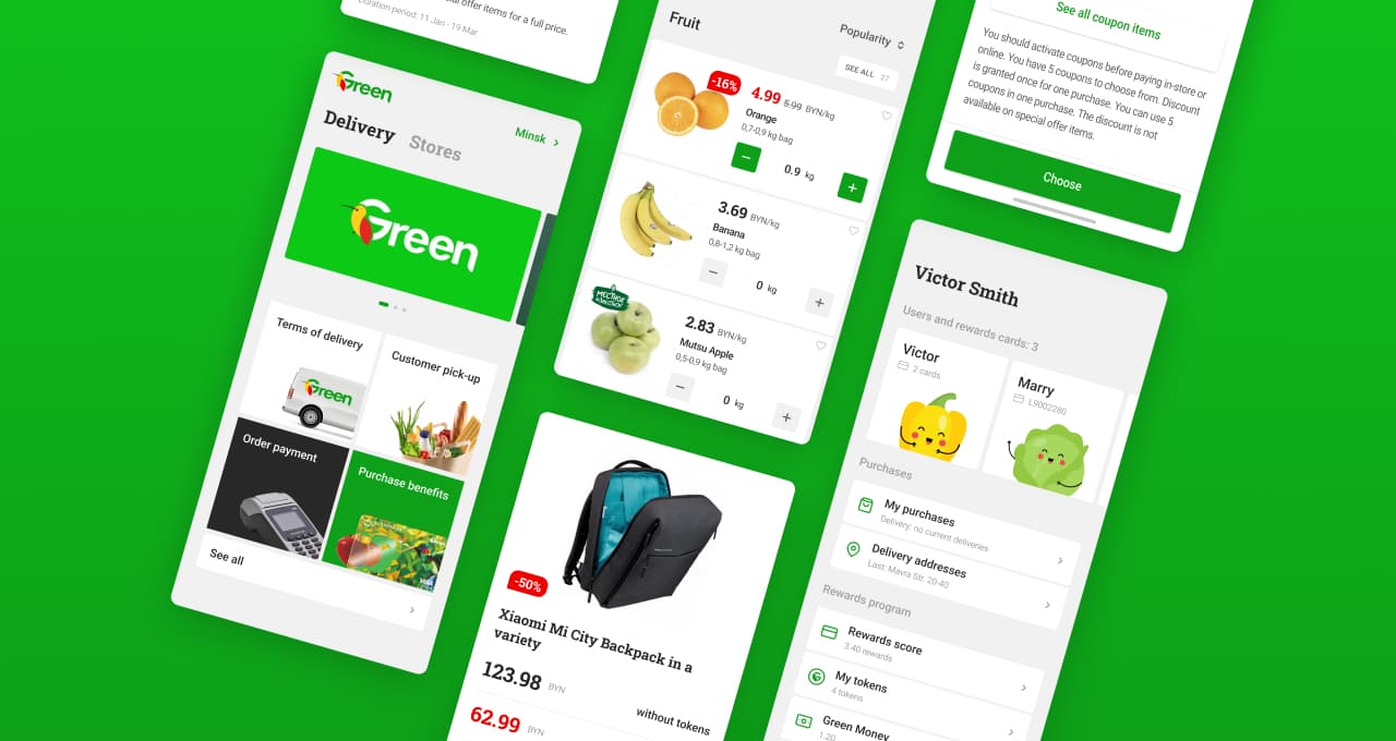 The interfaces of several pages of Green Delivery Mobile App