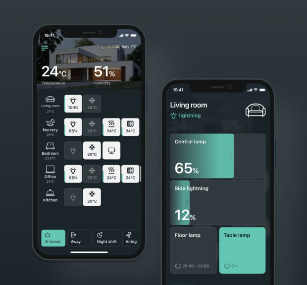 Screenshots of mobile UI of Smart home app
