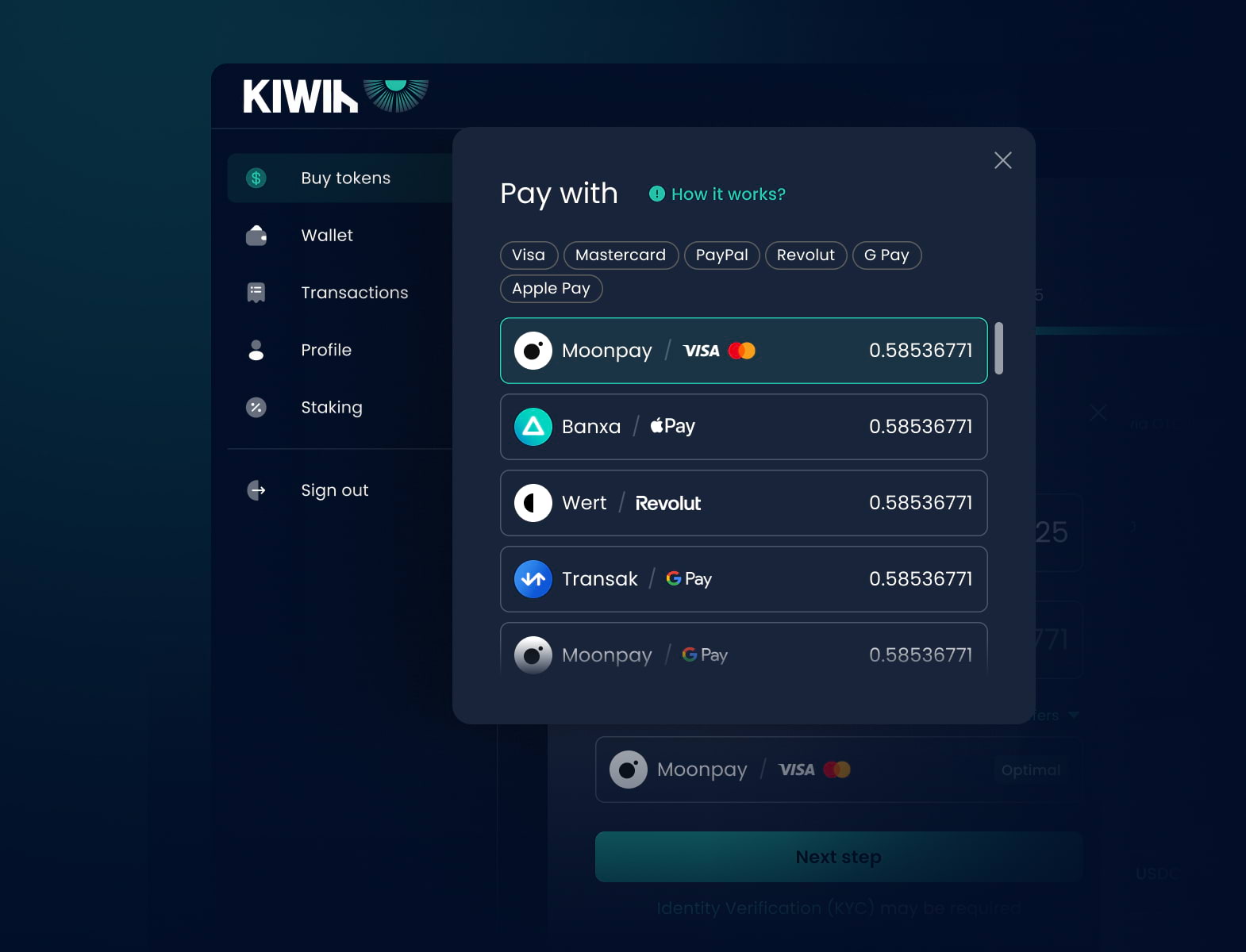 Kiwih fiat payment interface