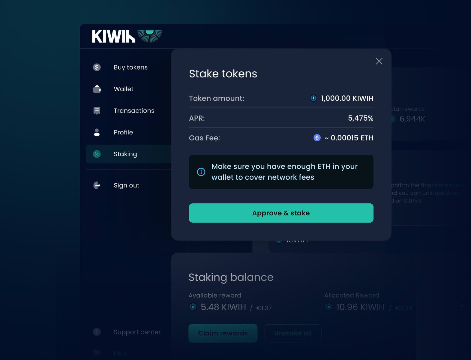 Kiwih staking interface