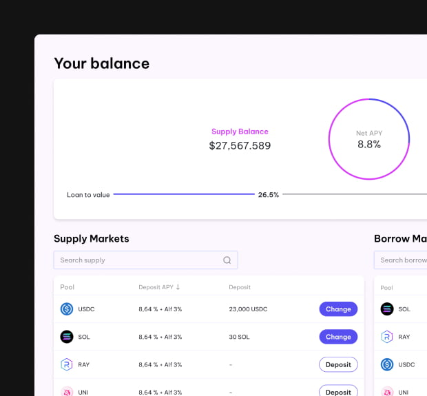 The UI of the balance page of the Alfprotocol project