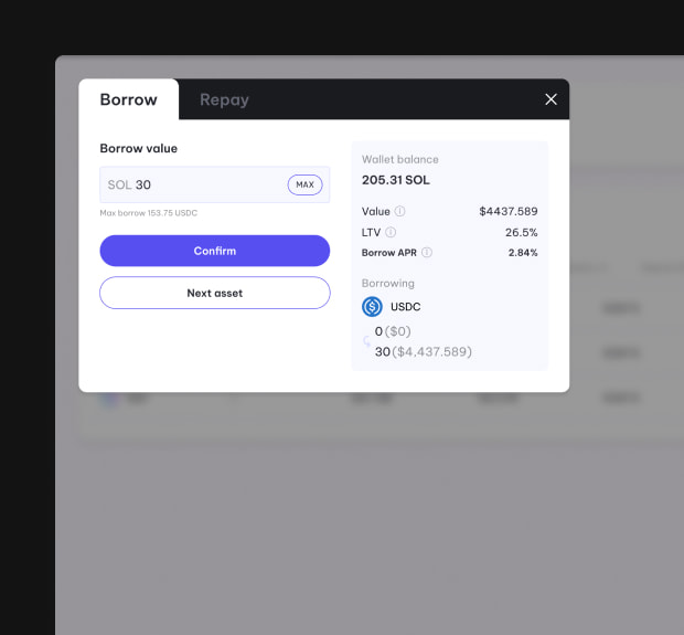 The UI of the borrow page of the Alfprotocol project
