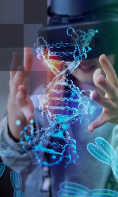 A person in a VR headset examining DNA structure