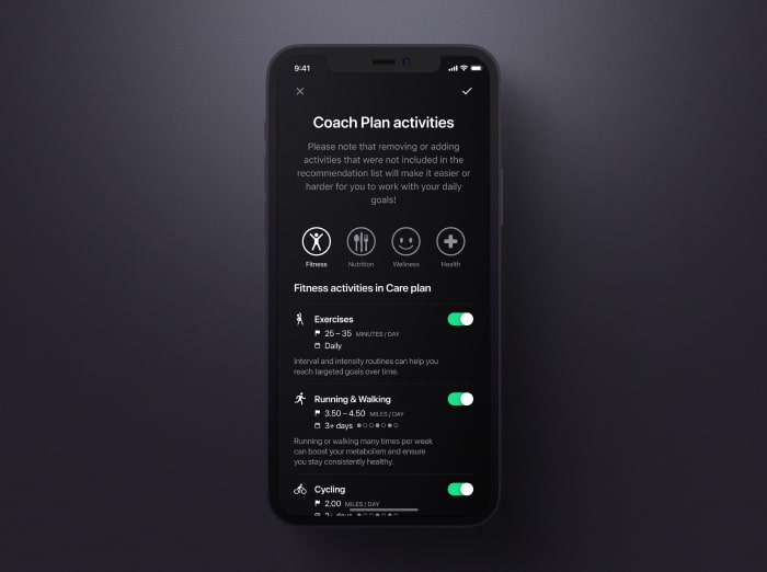 The UI of the coach plan activities page of Patientory mobile app
