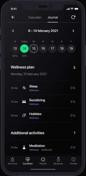 The UI of the activities journal page of Patientory mobile app