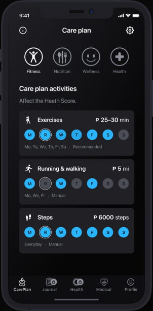 The UI of the care plan page of Patientory mobile app