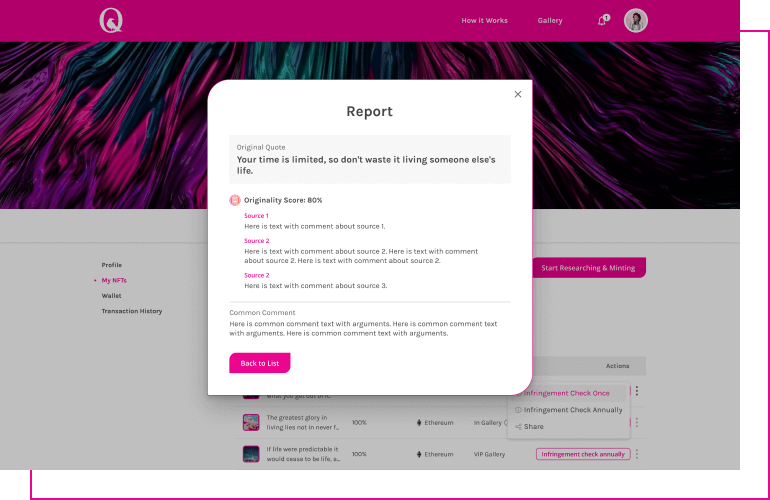 The interface of Report pop-up of Quoth platform