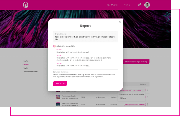 The interface of Report pop-up of Quoth platform