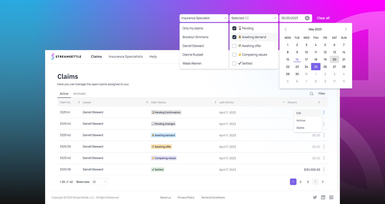 The UI of the Claims page of the StreamSettle platform