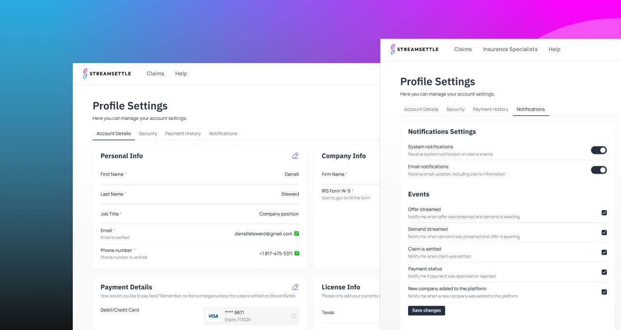 The UI of the Dashboard page of the StreamSettle platform