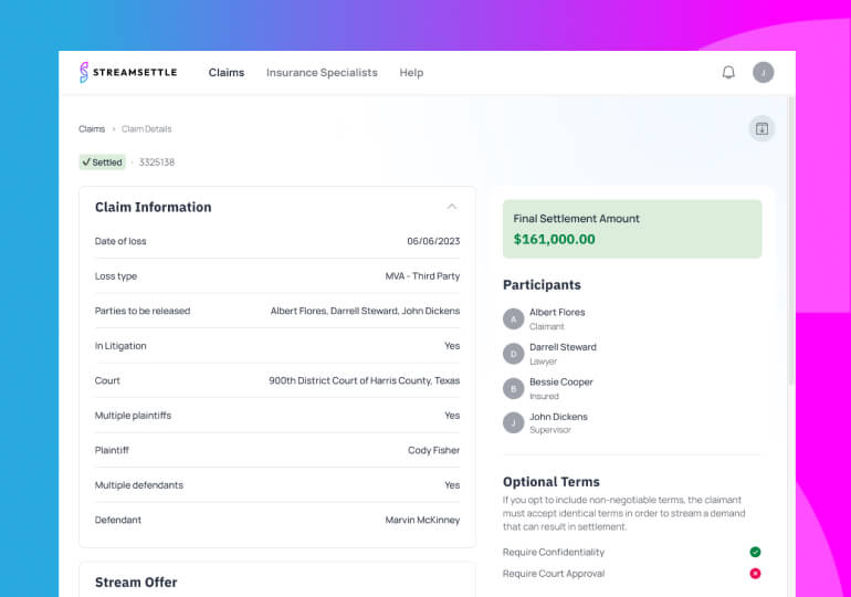 Claim details page on the StreamSettle platform