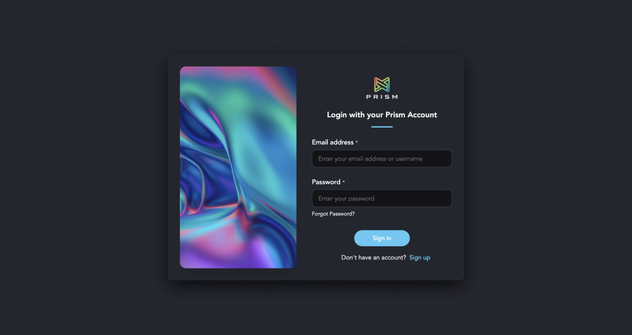 The interface of a login screen of the PRISM NFT Marketplace