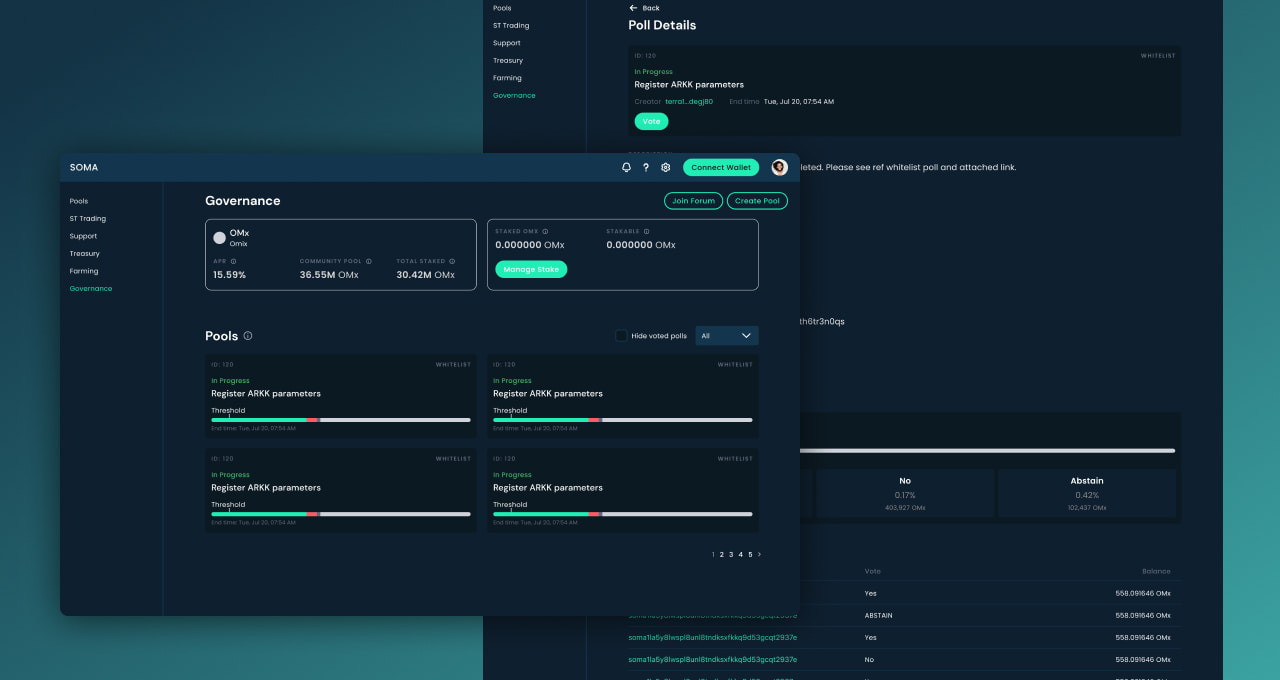 The UI of the governance page of SOMA