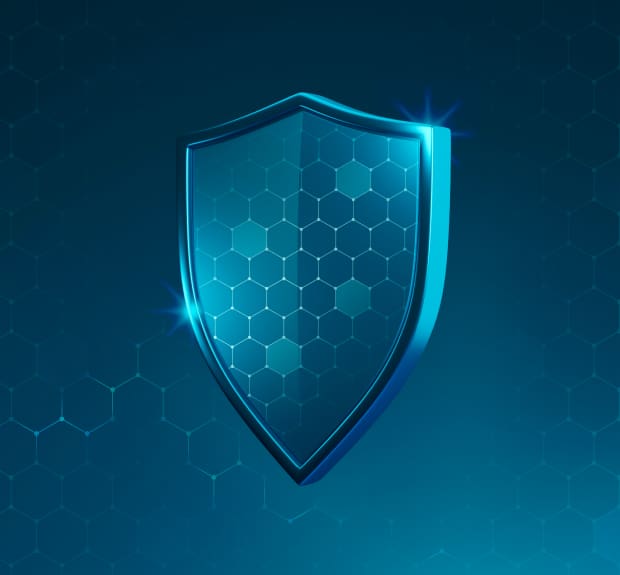 A blue shield covered with hexagonal cells on a blue background