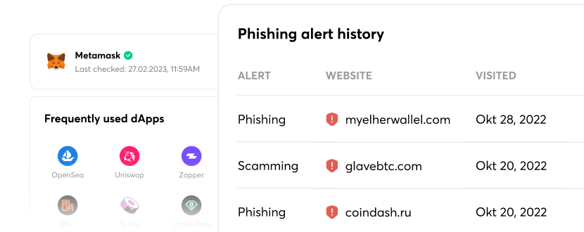 The interface of phishing alert history and frequently used dApps on the dashboard