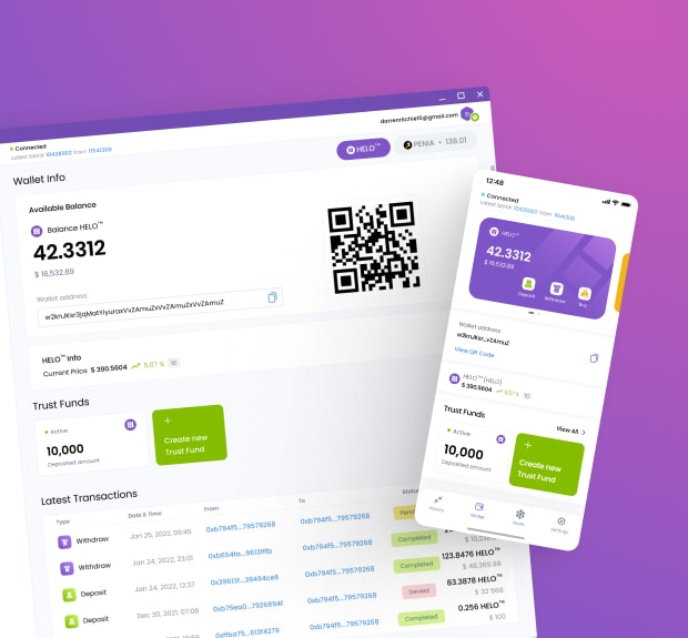HELO blockchain wallet interfaces on desktop and mobile devices