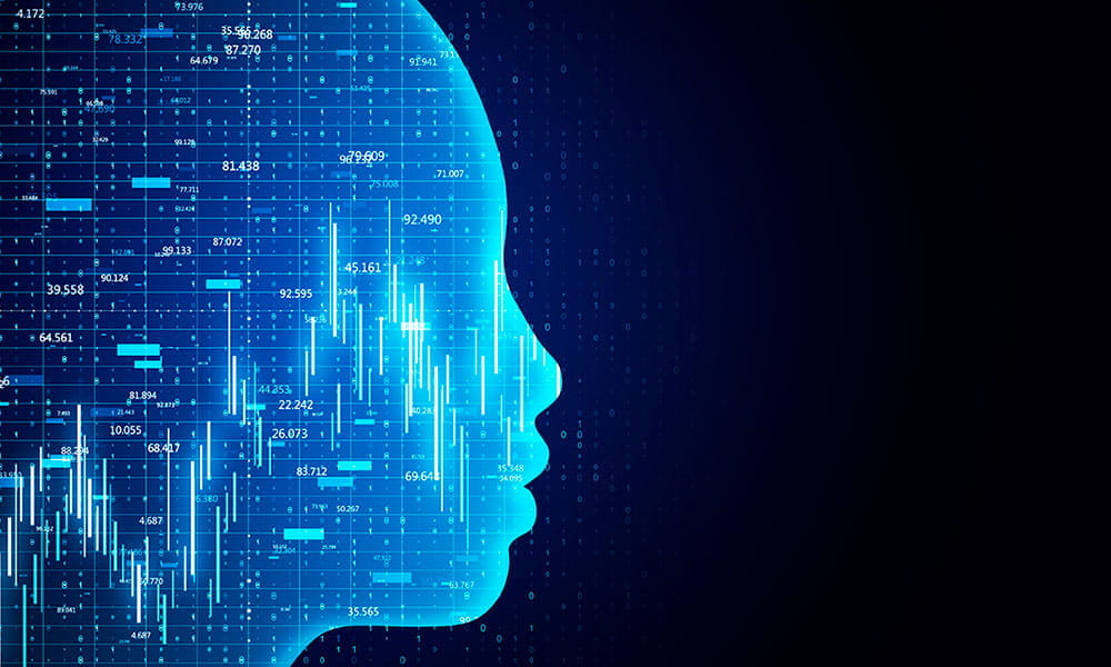 The head of a human that contains numbers and trading graph on the background