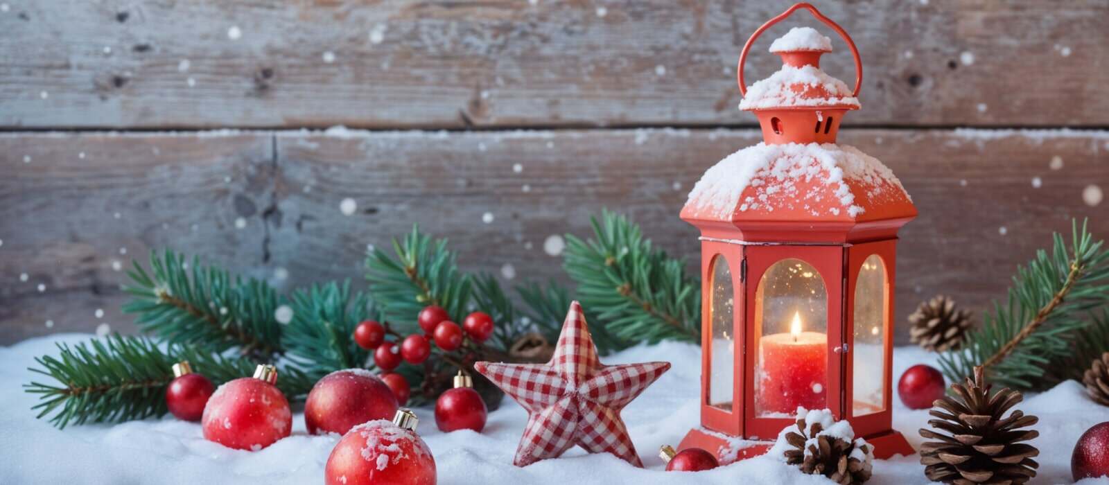 Christmas symbols, a spruce branch, and a candle in a red box on white snow