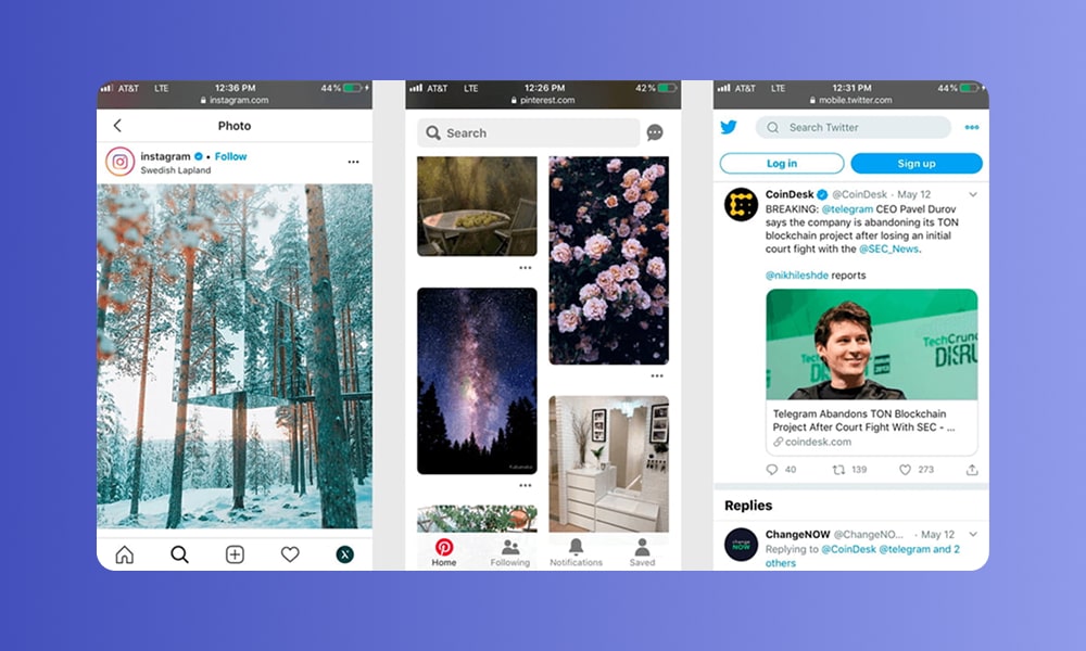 Three screenshots demonstrate the PWA interface of Instagram, Pinterest, and Twitter