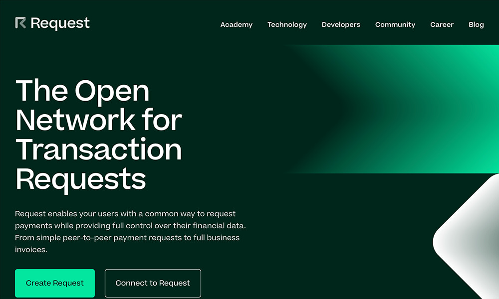 The landing page of Request Network website