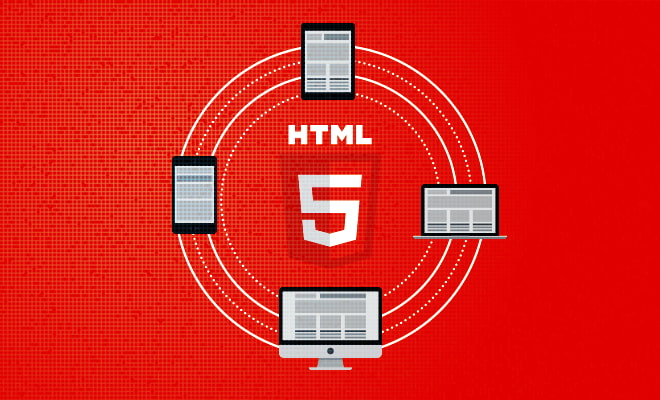 The icons of a tablet, laptop, PC and mobile phone form the circle around HTML5 logo