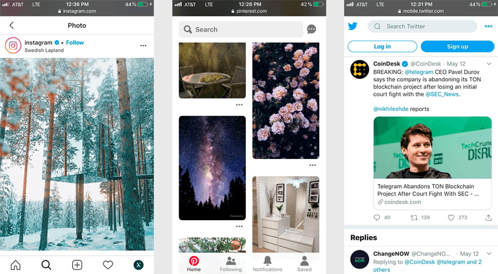 Three screenshots demonstrate the PWA interface of Instagram, Pinterest, and Twitter