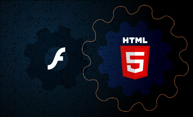 A small gear with the print of Flash logo inside located next to the bigger gear that contains HTML5 logo