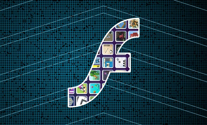 A number of application square icons within Flash logo picture