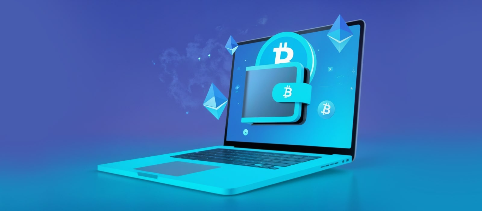 Icon of wallet and physical bitcoin coins on the screen of a laptop next to the title of the article