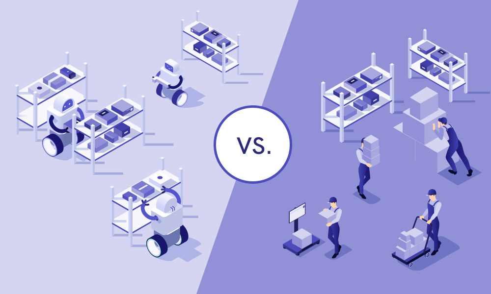 The picture compares two types of a warehouse: automated and manual