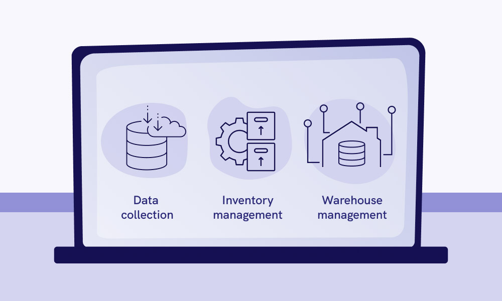 A laptop vector image and the icons of Data collection, Inventory management, Warehouse management on the screen
