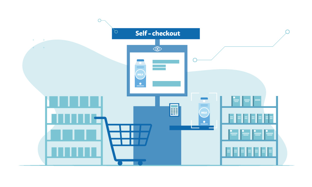 A vector image of self-checkout zone, shelves, trolley, and a bottle of milk