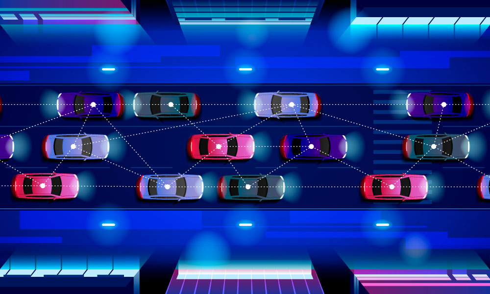 Several self-driving cars moving and analyzing each other's position