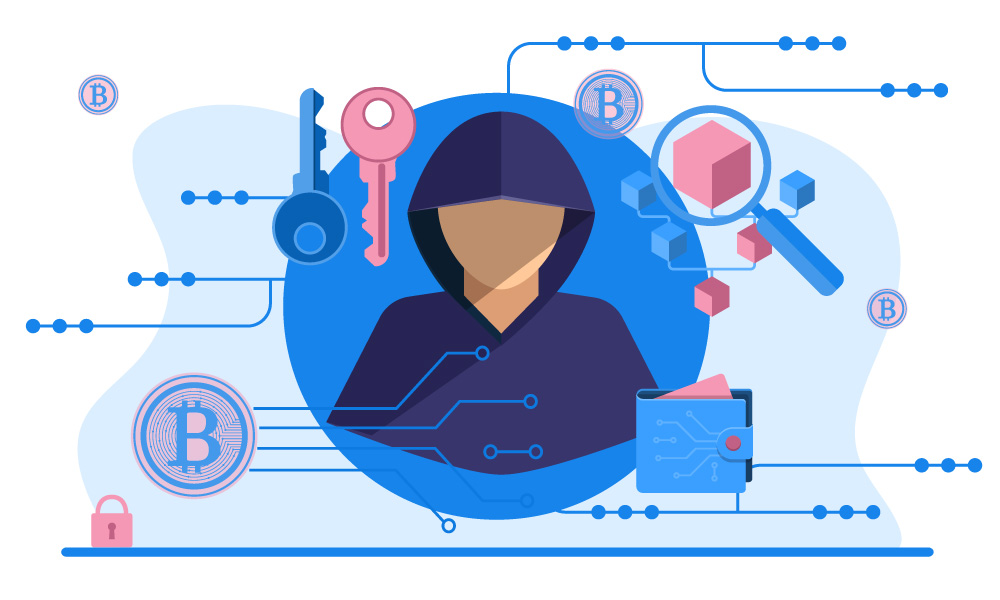 A vector image of a hacker surrounded by the icons of bitcoin, keys, crypto wallets, and blocks