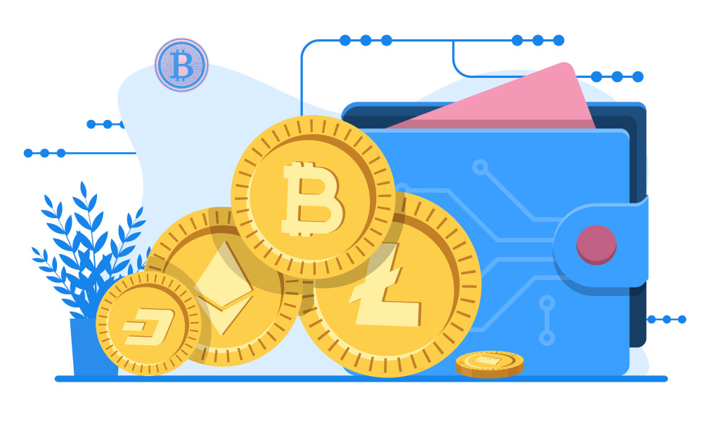 A vector image of a wallet next to physical coins of cryptocurrencies